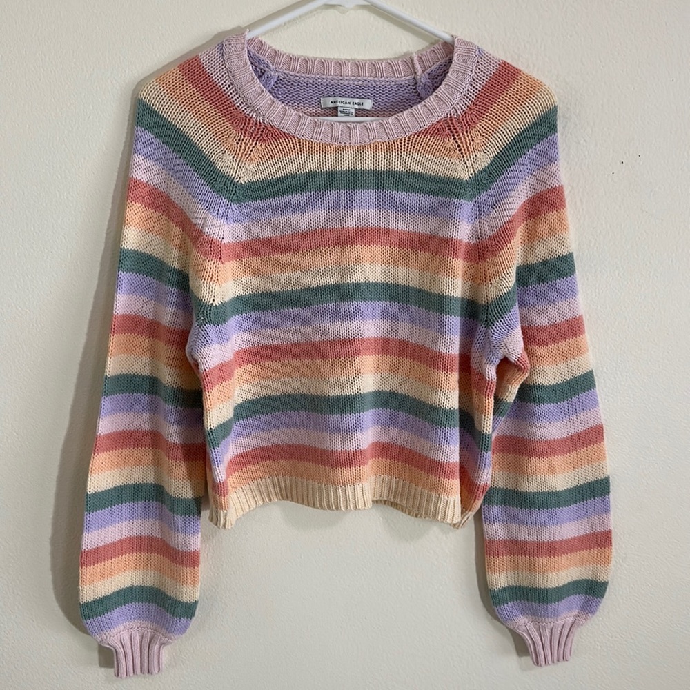 American Eagle Multi-Stripe Crew Neck Sweater | Size: Small